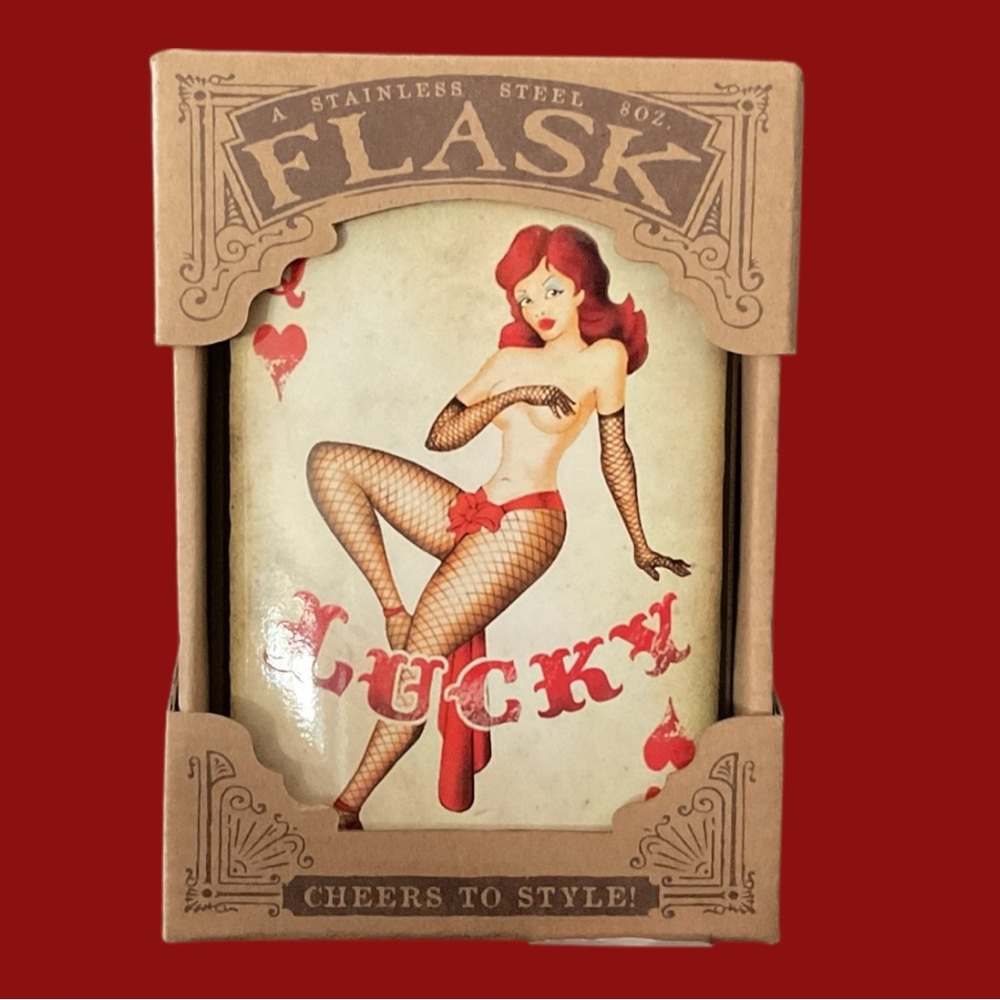 NIB Stainless Steel Hip Flask - Retro Style Burlesque Pin-Up Lucky Hearts